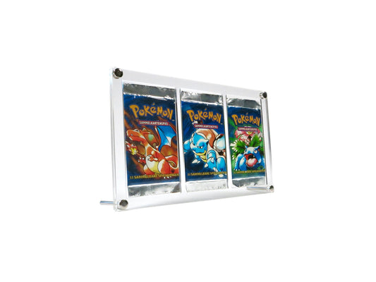 Acryl Case für Pokemon 3x Booster sowohl vintage und modern mit Metallfüßen Rahmen Ständer Aufsteller